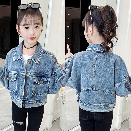 Girls denim jacket 2024 new spring and autumn children's middle and large children's stylish windbreaker medium and long cardigan top trend