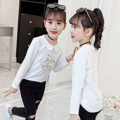 Girls long-sleeved T-shirt 2024 new spring and autumn doll collar embroidered bottoming shirt fashionable girl floral lapel top