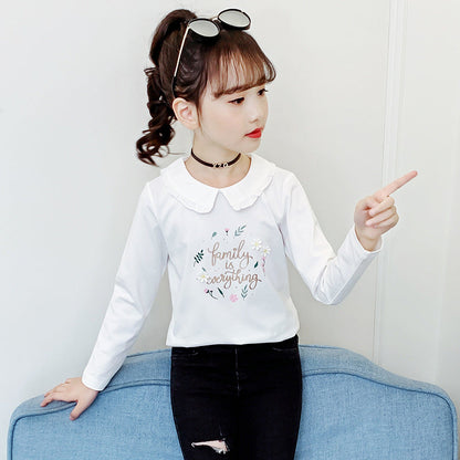 Girls long-sleeved T-shirt 2024 new spring and autumn doll collar embroidered bottoming shirt fashionable girl floral lapel top