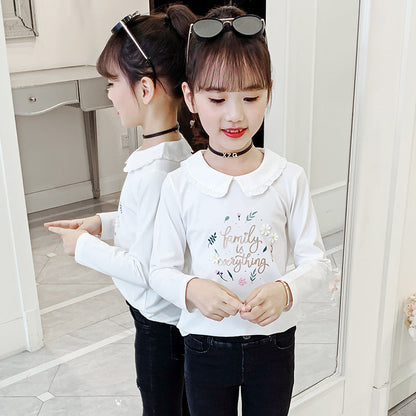 Girls long-sleeved T-shirt 2024 new spring and autumn doll collar embroidered bottoming shirt fashionable girl floral lapel top