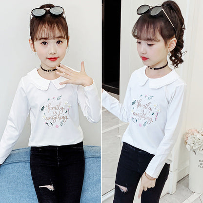 Girls long-sleeved T-shirt 2024 new spring and autumn doll collar embroidered bottoming shirt fashionable girl floral lapel top