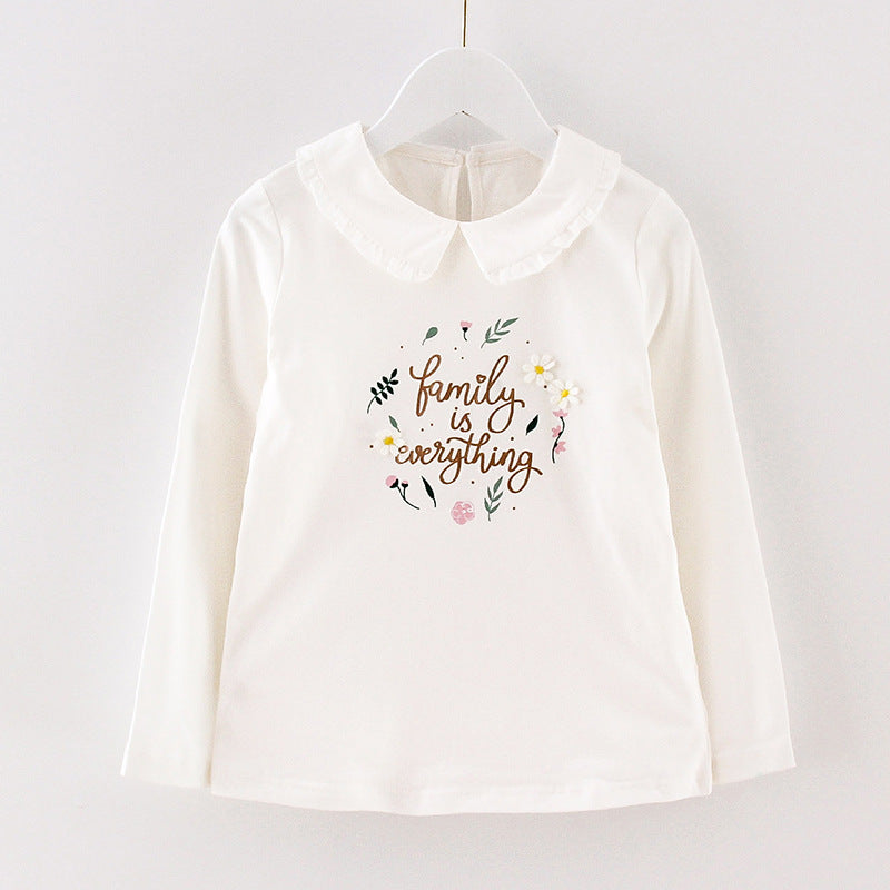 Girls long-sleeved T-shirt 2024 new spring and autumn doll collar embroidered bottoming shirt fashionable girl floral lapel top