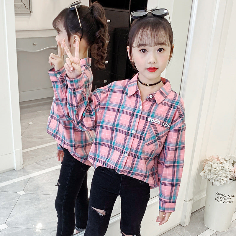 Girls cotton plaid shirt new spring and autumn middle and large children's long-sleeved plaid shirt little girl loose lapel jacket