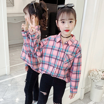 Girls cotton plaid shirt new spring and autumn middle and large children's long-sleeved plaid shirt little girl loose lapel jacket