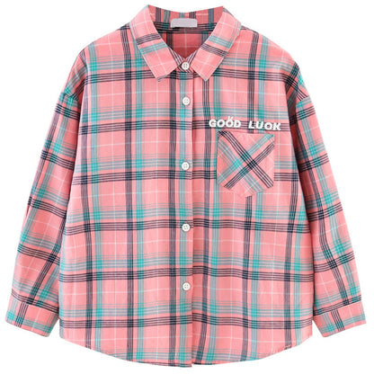 Girls cotton plaid shirt new spring and autumn middle and large children's long-sleeved plaid shirt little girl loose lapel jacket