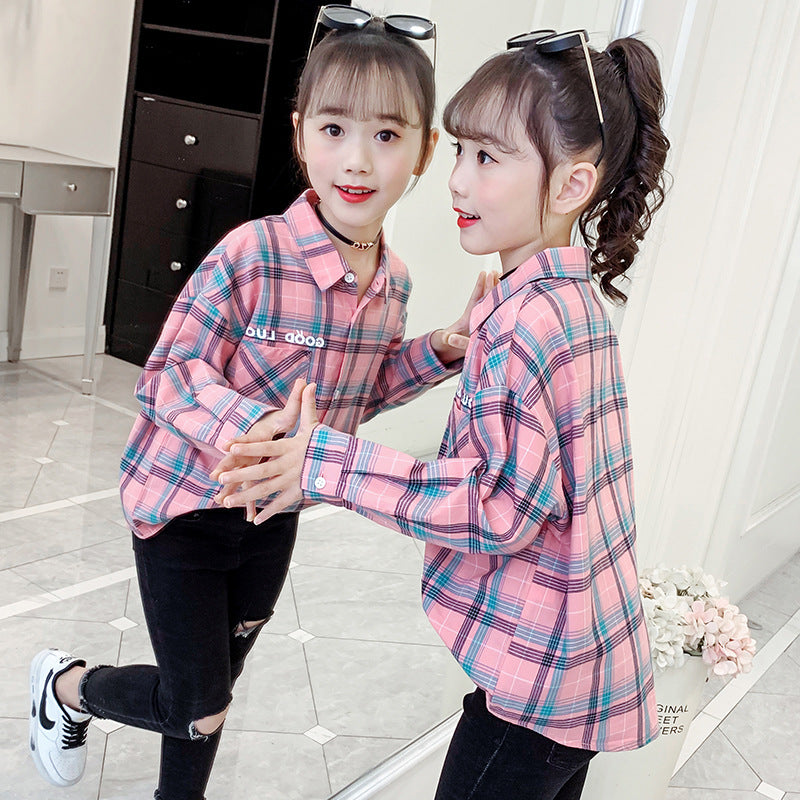 Girls cotton plaid shirt new spring and autumn middle and large children's long-sleeved plaid shirt little girl loose lapel jacket