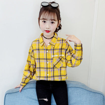 Girls cotton plaid shirt new spring and autumn middle and large children's long-sleeved plaid shirt little girl loose lapel jacket