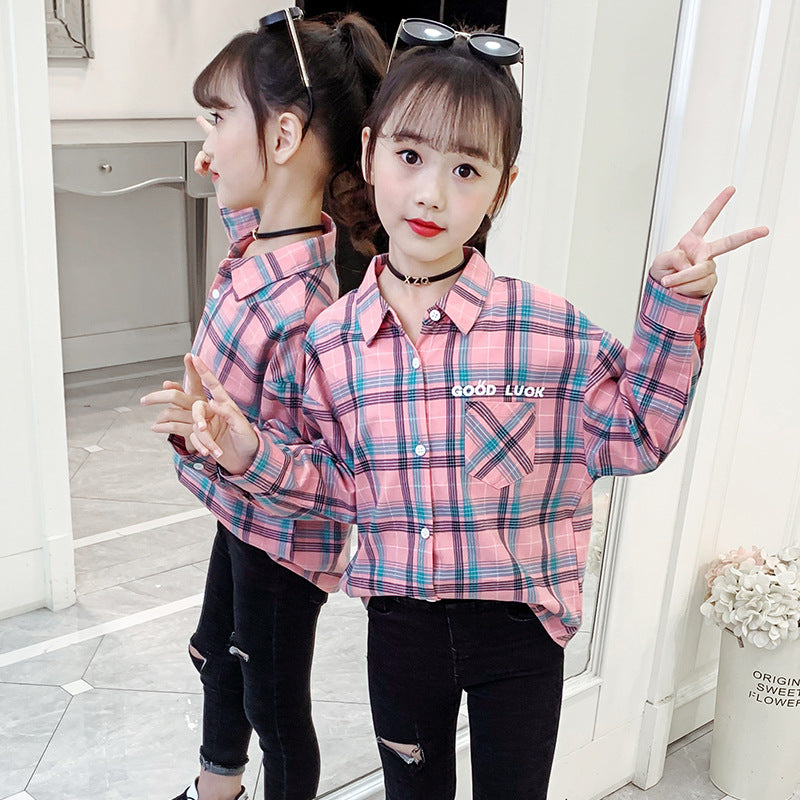 Girls cotton plaid shirt new spring and autumn middle and large children's long-sleeved plaid shirt little girl loose lapel jacket