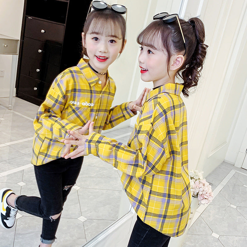 Girls cotton plaid shirt new spring and autumn middle and large children's long-sleeved plaid shirt little girl loose lapel jacket