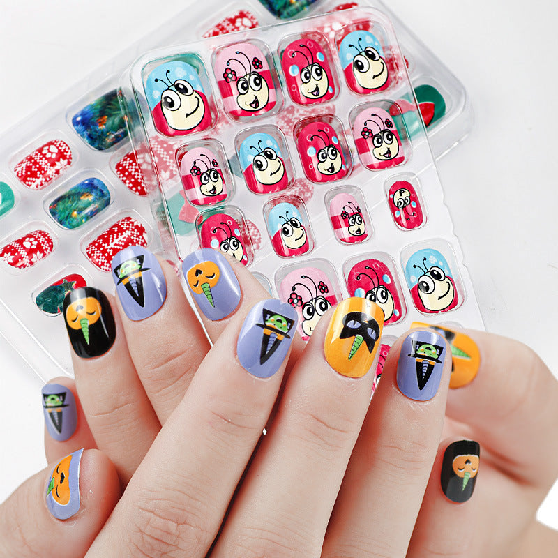 Manicure children's finished nail pieces 24 pieces of adhesive Christmas cartoon bagged wearable color nail pieces nail stickers