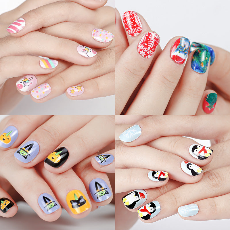 Manicure children's finished nail pieces 24 pieces of adhesive Christmas cartoon bagged wearable color nail pieces nail stickers