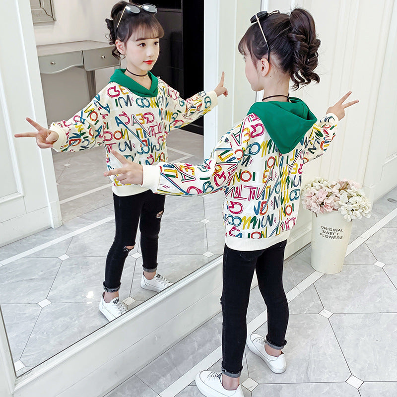 Girls sweatshirt 2024 new spring and autumn stylish printed tops girls loose medium and large children's pullover contrast color jacket