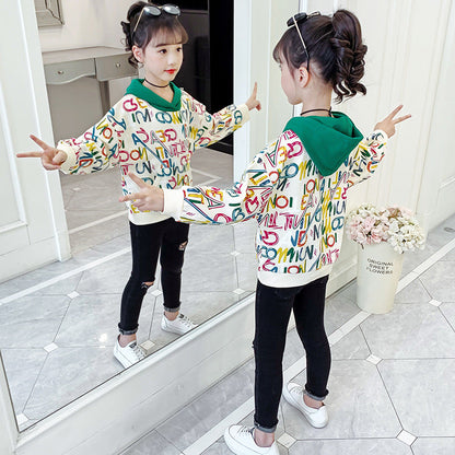 Girls sweatshirt 2024 new spring and autumn stylish printed tops girls loose medium and large children's pullover contrast color jacket