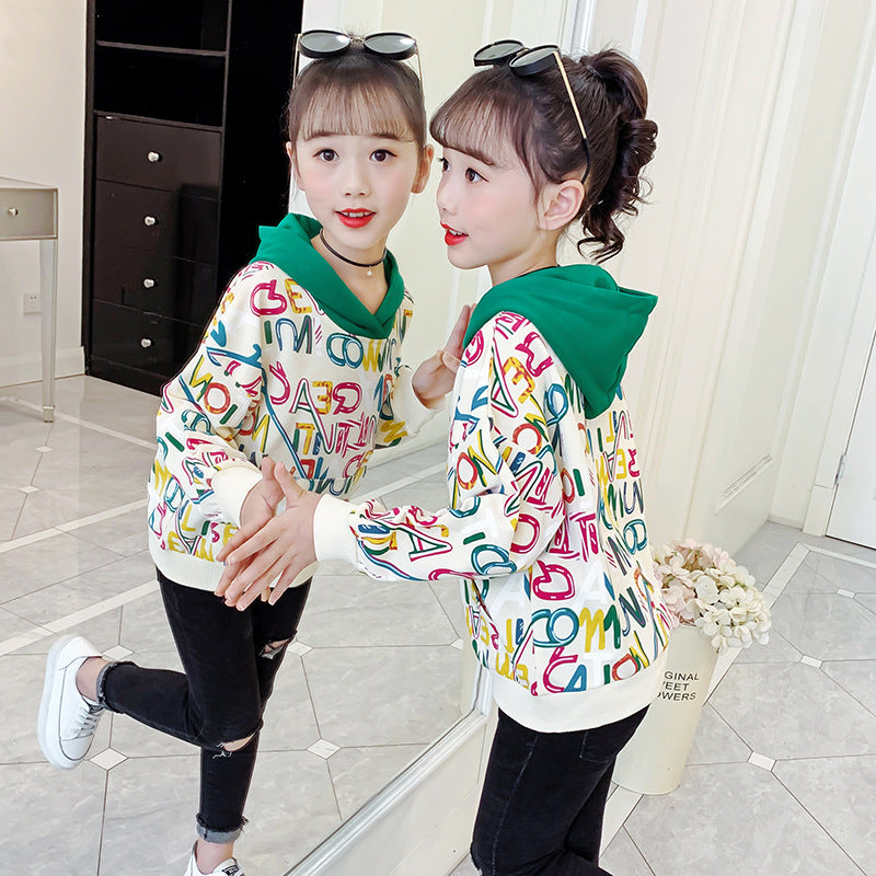 Girls sweatshirt 2024 new spring and autumn stylish printed tops girls loose medium and large children's pullover contrast color jacket