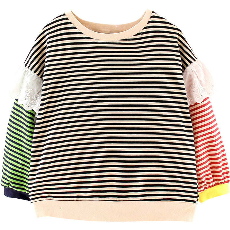 Girls long-sleeved T-shirt 2024 new spring and autumn trendy striped all-match tops contrast color stitching girls T-shirt trend