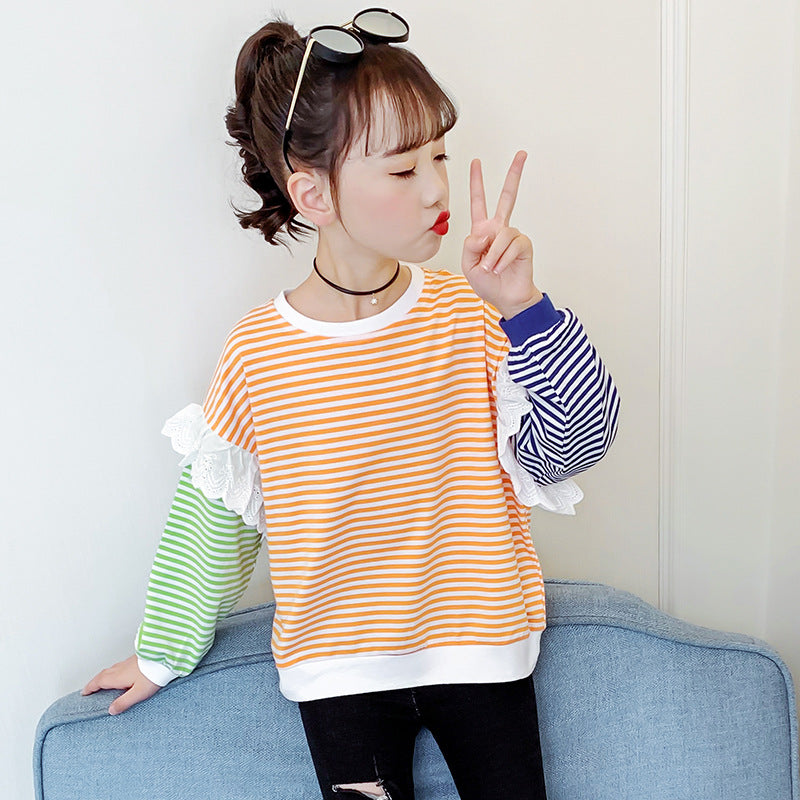 Girls long-sleeved T-shirt 2024 new spring and autumn trendy striped all-match tops contrast color stitching girls T-shirt trend