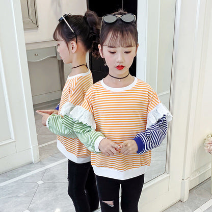 Girls long-sleeved T-shirt 2024 new spring and autumn trendy striped all-match tops contrast color stitching girls T-shirt trend