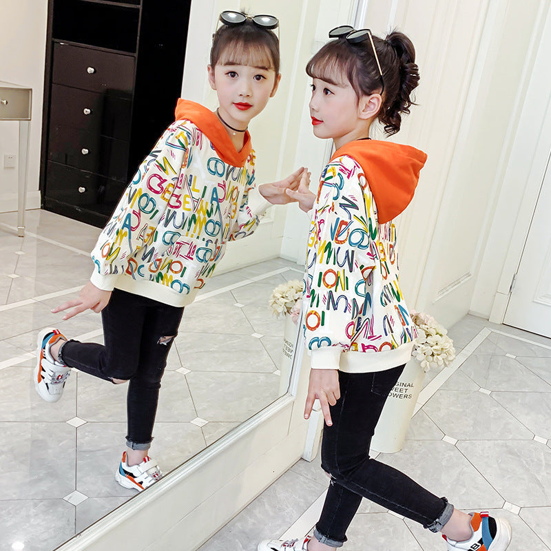 Girls sweatshirt 2024 new spring and autumn stylish printed tops girls loose medium and large children's pullover contrast color jacket