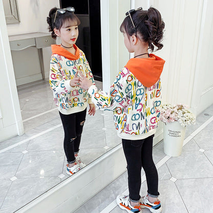 Girls sweatshirt 2024 new spring and autumn stylish printed tops girls loose medium and large children's pullover contrast color jacket