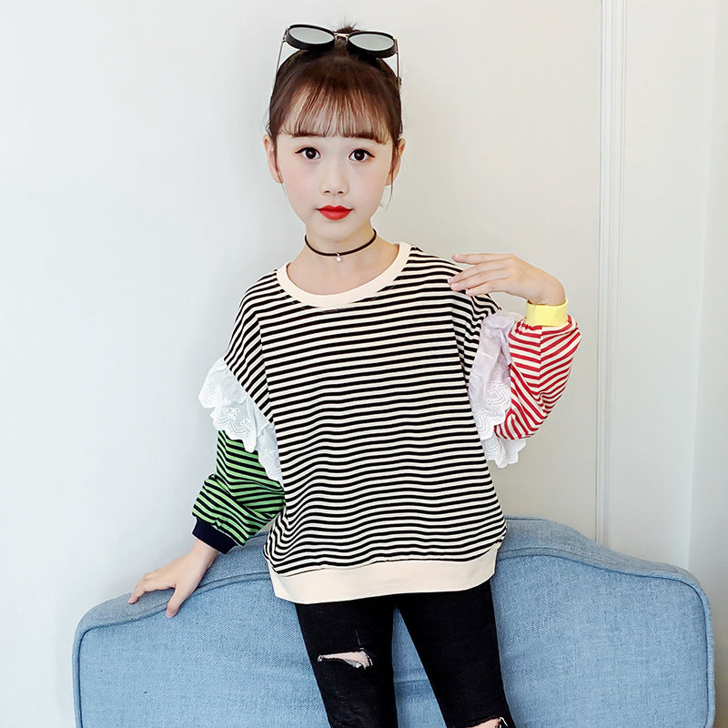 Girls long-sleeved T-shirt 2024 new spring and autumn trendy striped all-match tops contrast color stitching girls T-shirt trend