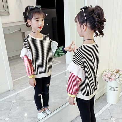 Girls long-sleeved T-shirt 2024 new spring and autumn trendy striped all-match tops contrast color stitching girls T-shirt trend