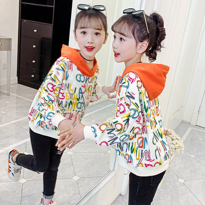 Girls sweatshirt 2024 new spring and autumn stylish printed tops girls loose medium and large children's pullover contrast color jacket