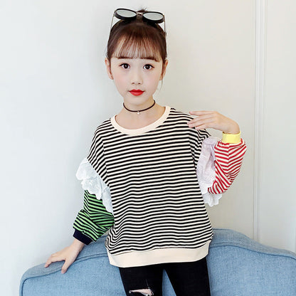 Girls long-sleeved T-shirt 2024 new spring and autumn trendy striped all-match tops contrast color stitching girls T-shirt trend