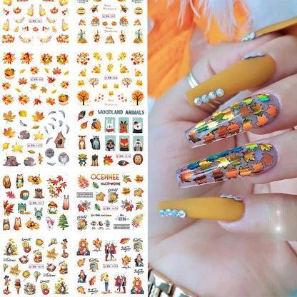 Zhifei nail art jewelry stickers 12 in one large sheet of watermark stickers cartoon butterfly squirrel autumn maple leaf nail stickers