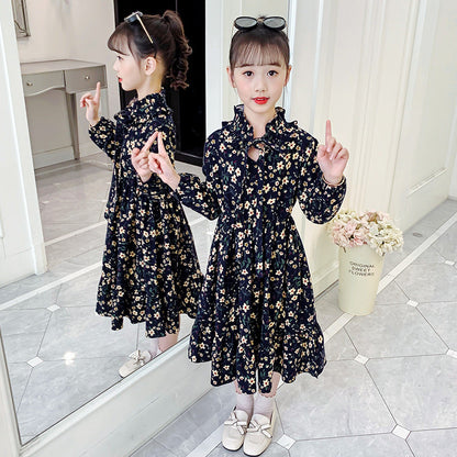 Girls long-sleeved dress 2024 new spring and autumn stylish girl floral long skirt thickened brushed lady skirt trend