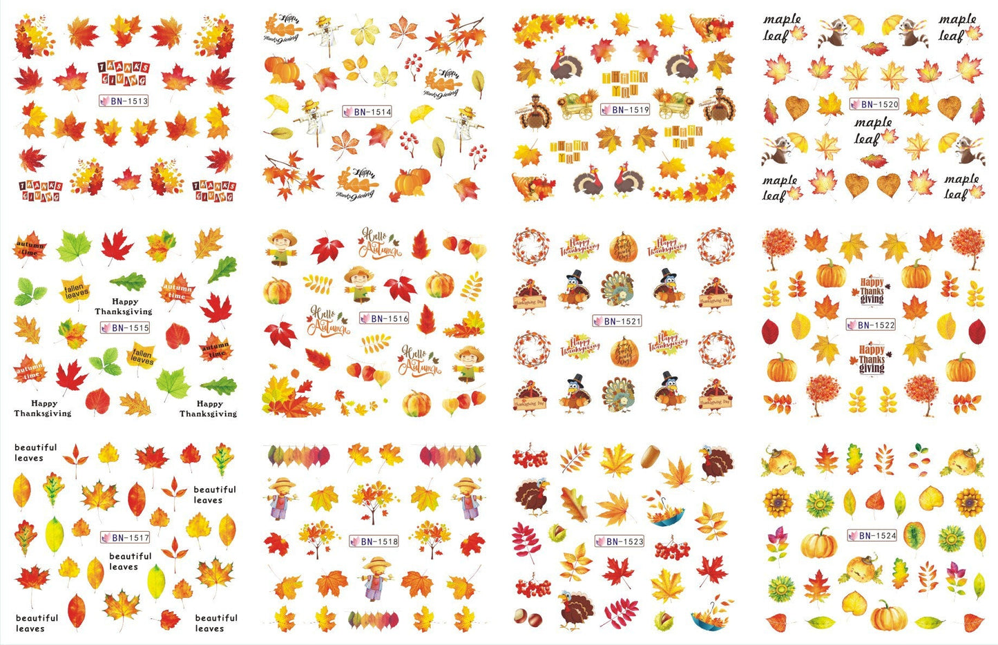 Zhifei nail art jewelry stickers 12 in one large sheet of watermark stickers cartoon butterfly squirrel autumn maple leaf nail stickers