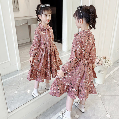 Girls long-sleeved dress 2024 new spring and autumn stylish girl floral long skirt thickened brushed lady skirt trend