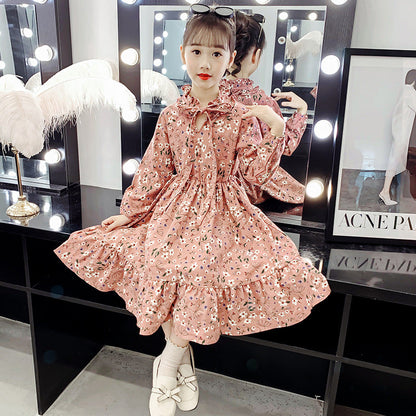 Girls long-sleeved dress 2024 new spring and autumn stylish girl floral long skirt thickened brushed lady skirt trend