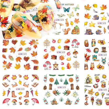 Zhifei nail art jewelry stickers 12 in one large sheet of watermark stickers cartoon butterfly squirrel autumn maple leaf nail stickers