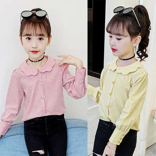 Girls shirt 2024 new spring and autumn long-sleeved plaid shirt for middle and large children fashionable girl lapel doll collar top