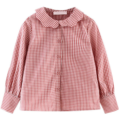 Girls shirt 2024 new spring and autumn long-sleeved plaid shirt for middle and large children fashionable girl lapel doll collar top