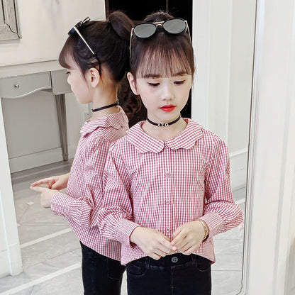 Girls shirt 2024 new spring and autumn long-sleeved plaid shirt for middle and large children fashionable girl lapel doll collar top