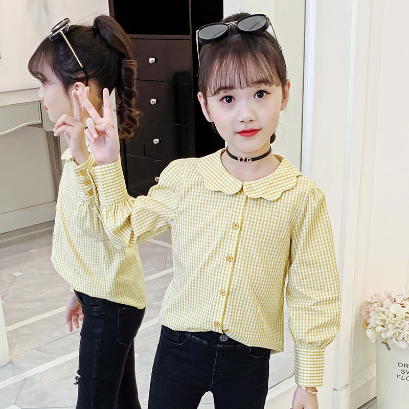 Girls shirt 2024 new spring and autumn long-sleeved plaid shirt for middle and large children fashionable girl lapel doll collar top