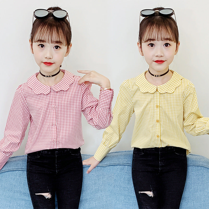 Girls shirt 2024 new spring and autumn long-sleeved plaid shirt for middle and large children fashionable girl lapel doll collar top