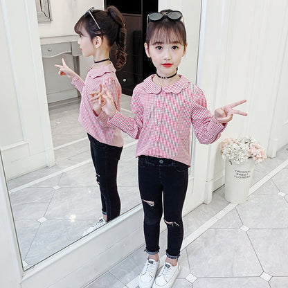 Girls shirt 2024 new spring and autumn long-sleeved plaid shirt for middle and large children fashionable girl lapel doll collar top