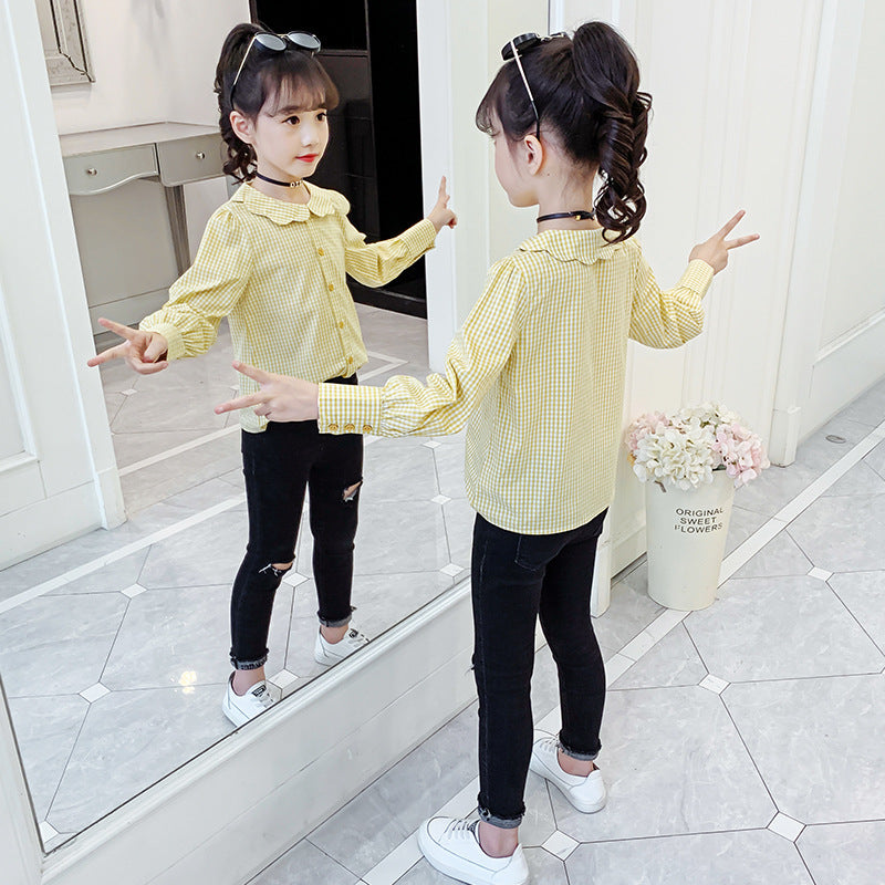 Girls shirt 2024 new spring and autumn long-sleeved plaid shirt for middle and large children fashionable girl lapel doll collar top