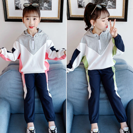 Girls suit 2024 new spring and autumn hooded sports suit for small and large children, casual and fashionable two-piece pullover school uniform