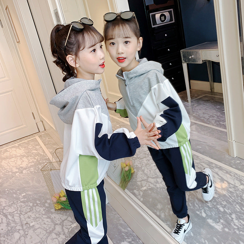 Girls suit 2024 new spring and autumn hooded sports suit for small and large children, casual and fashionable two-piece pullover school uniform