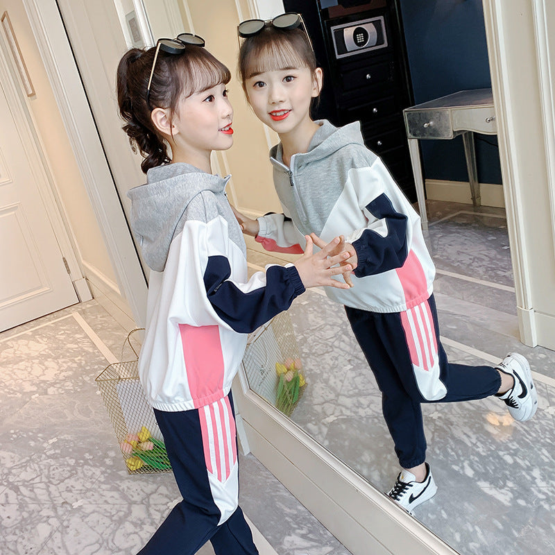 Girls suit 2024 new spring and autumn hooded sports suit for small and large children, casual and fashionable two-piece pullover school uniform