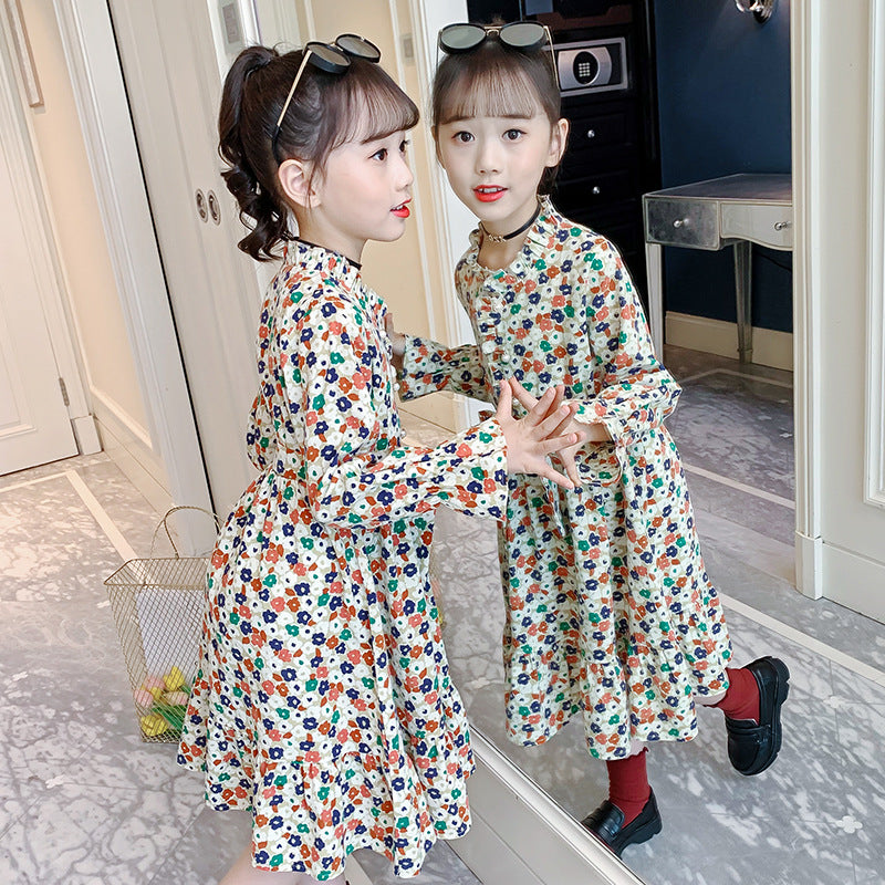 Girls cotton skirt 2024 new spring and autumn children's middle and large children's stylish floral fashion dress long skirt