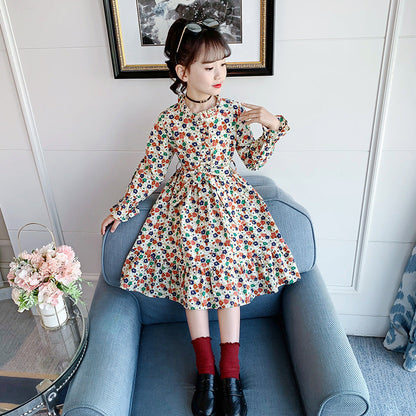 Girls cotton skirt 2024 new spring and autumn children's middle and large children's stylish floral fashion dress long skirt