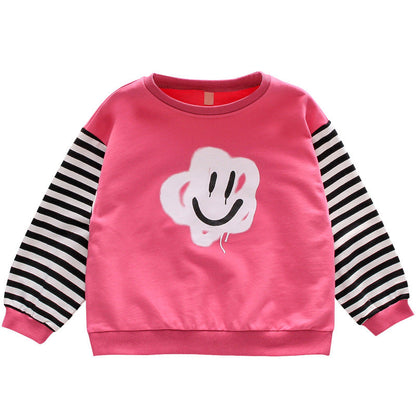 Girls long-sleeved T-shirt 2024 new spring and autumn all-match contrast color striped tops stylish girl cartoon sweater jacket