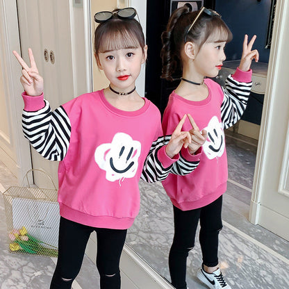 Girls long-sleeved T-shirt 2024 new spring and autumn all-match contrast color striped tops stylish girl cartoon sweater jacket