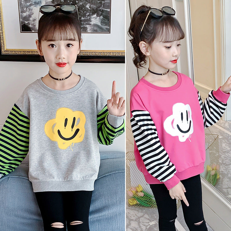 Girls long-sleeved T-shirt 2024 new spring and autumn all-match contrast color striped tops stylish girl cartoon sweater jacket