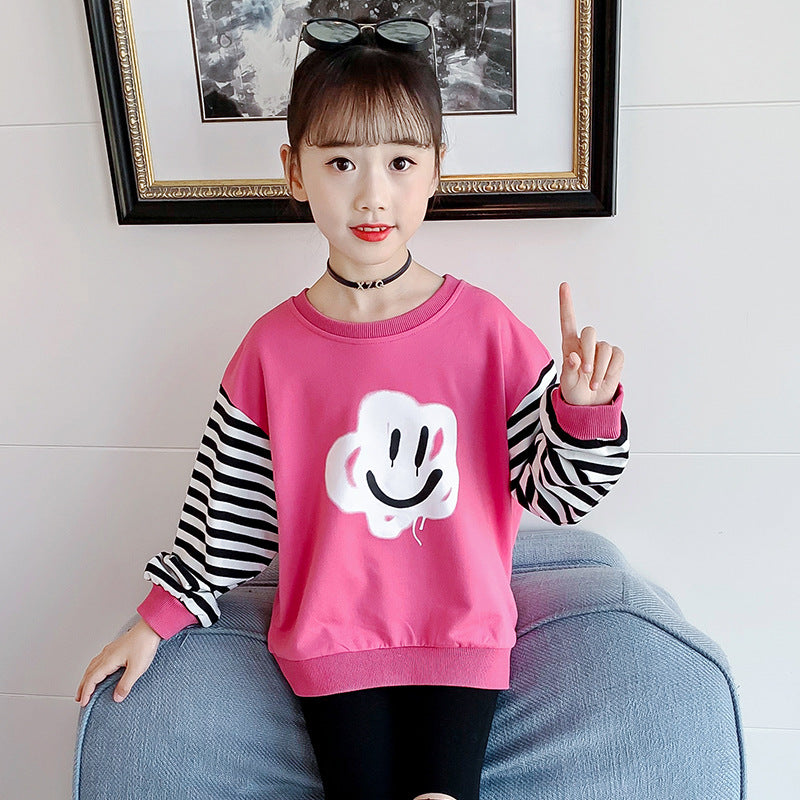 Girls long-sleeved T-shirt 2024 new spring and autumn all-match contrast color striped tops stylish girl cartoon sweater jacket