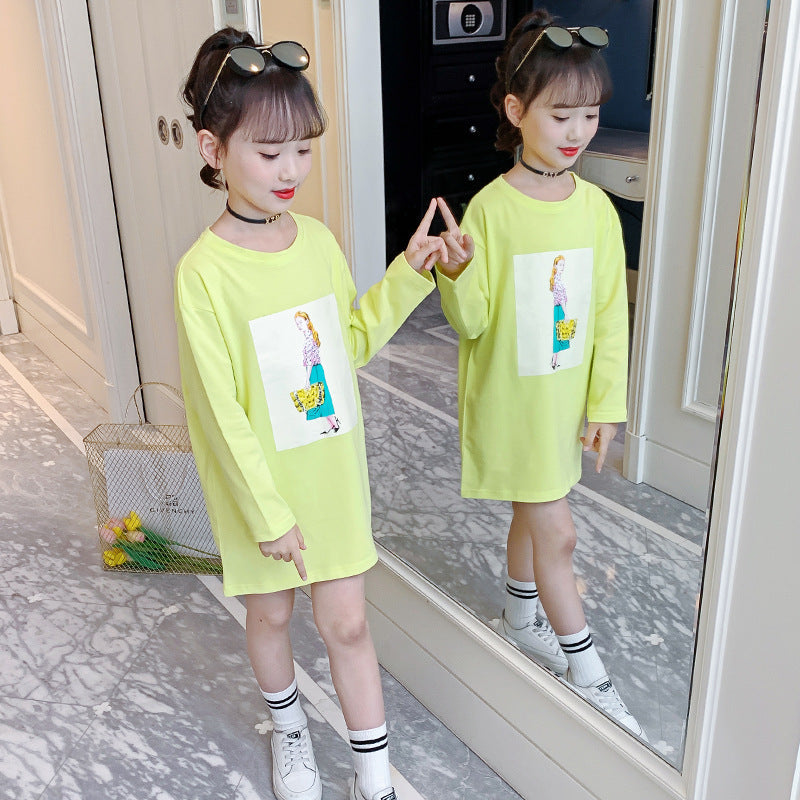 Girls T-shirt 2024 new spring and autumn long-sleeved T-skirt Western style children's medium and large children's long loose top T-shirt trend